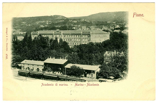 Fiume (Rijeka) látképe, rajta a Magyar Királyi Tengerészeti Akadémia épülete 1900-as évek eleje