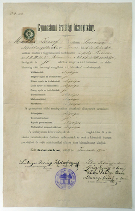 Mauks József érettségi bizonyítványa, Késmárk, 1889. június 17.