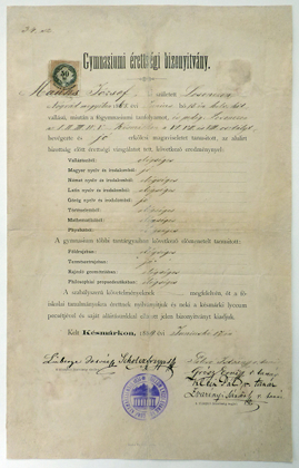 Mauks József érettségi bizonyítványa, Késmárk, 1889. június 17.